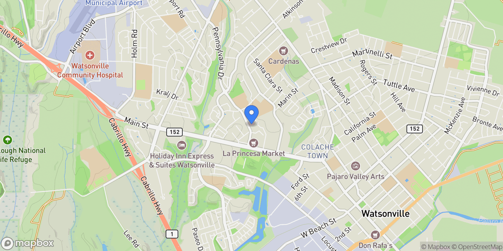 Map showing 290 Pennsylvania Drive, Watsonville, California, United States.