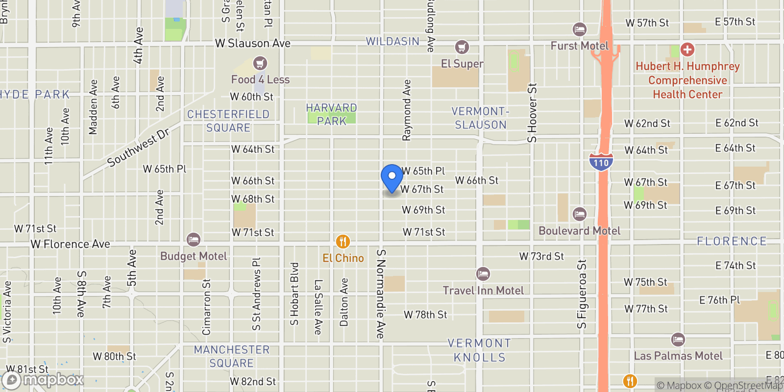 Map showing 1335 W 68th, Los Angeles, CA 90044, Los Angeles, California, United States.
