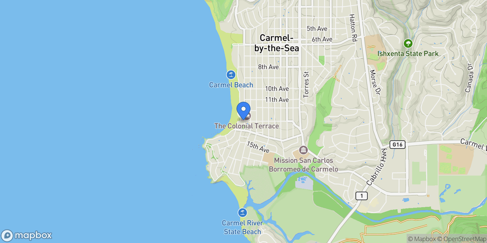 Map showing 2 SE San Antonio Avenue, Carmel-by-the-Sea, California, United States.