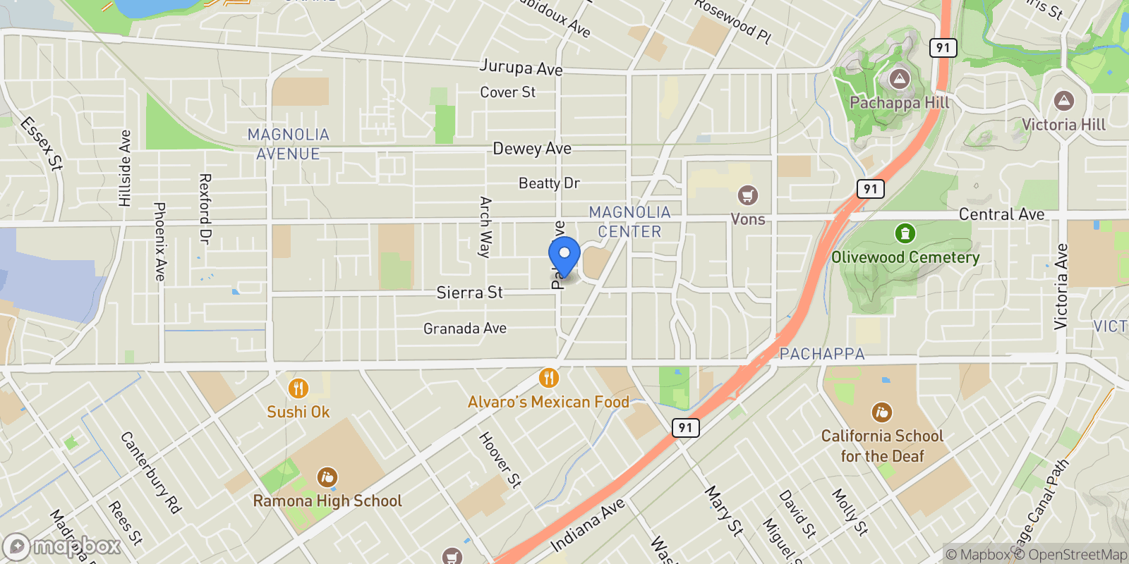 Map showing 6770 Palm Avenue, Riverside, CA 92506, Riverside, California, United States.
