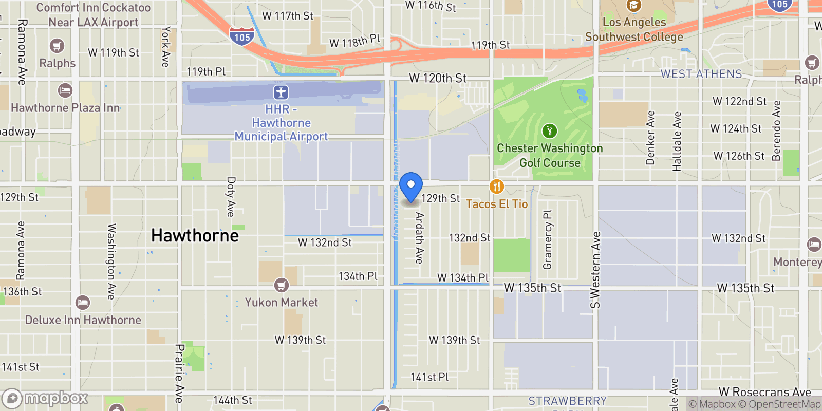 Map showing 2915 W 129th Place, Gardena, CA 90249, Gardena, California, United States.