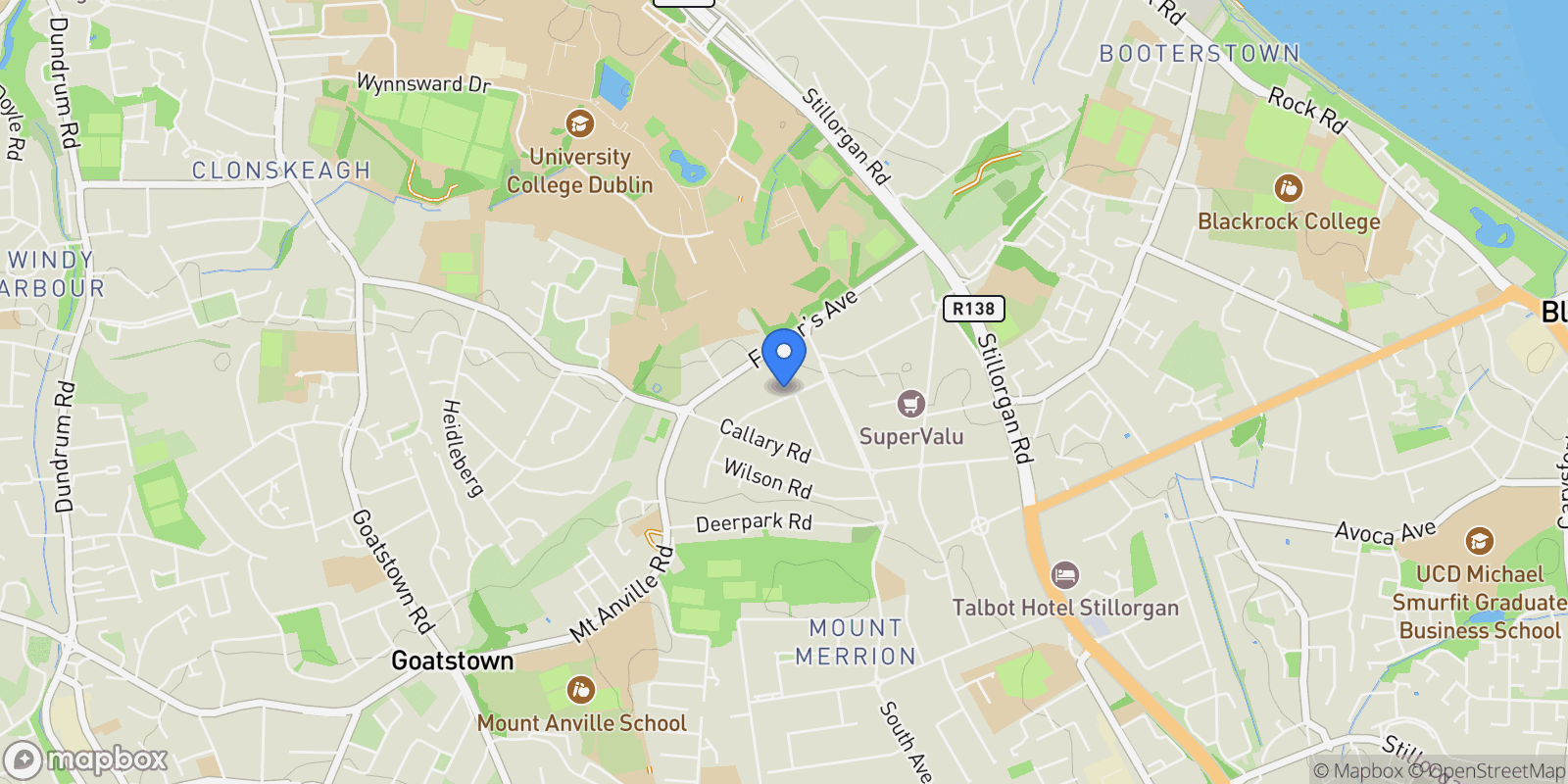 Map showing 14 Mather Road North, Mount Merrion, Co. Dublin, A94 EE73, Dublin, County Dublin, Ireland.