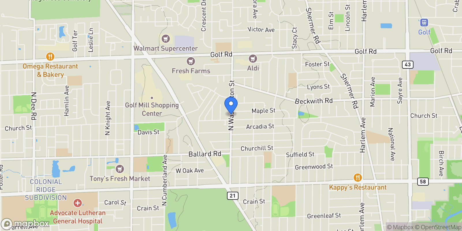 Map showing 9214 N Washington Street, Niles, IL 60714, Niles, Illinois, United States.