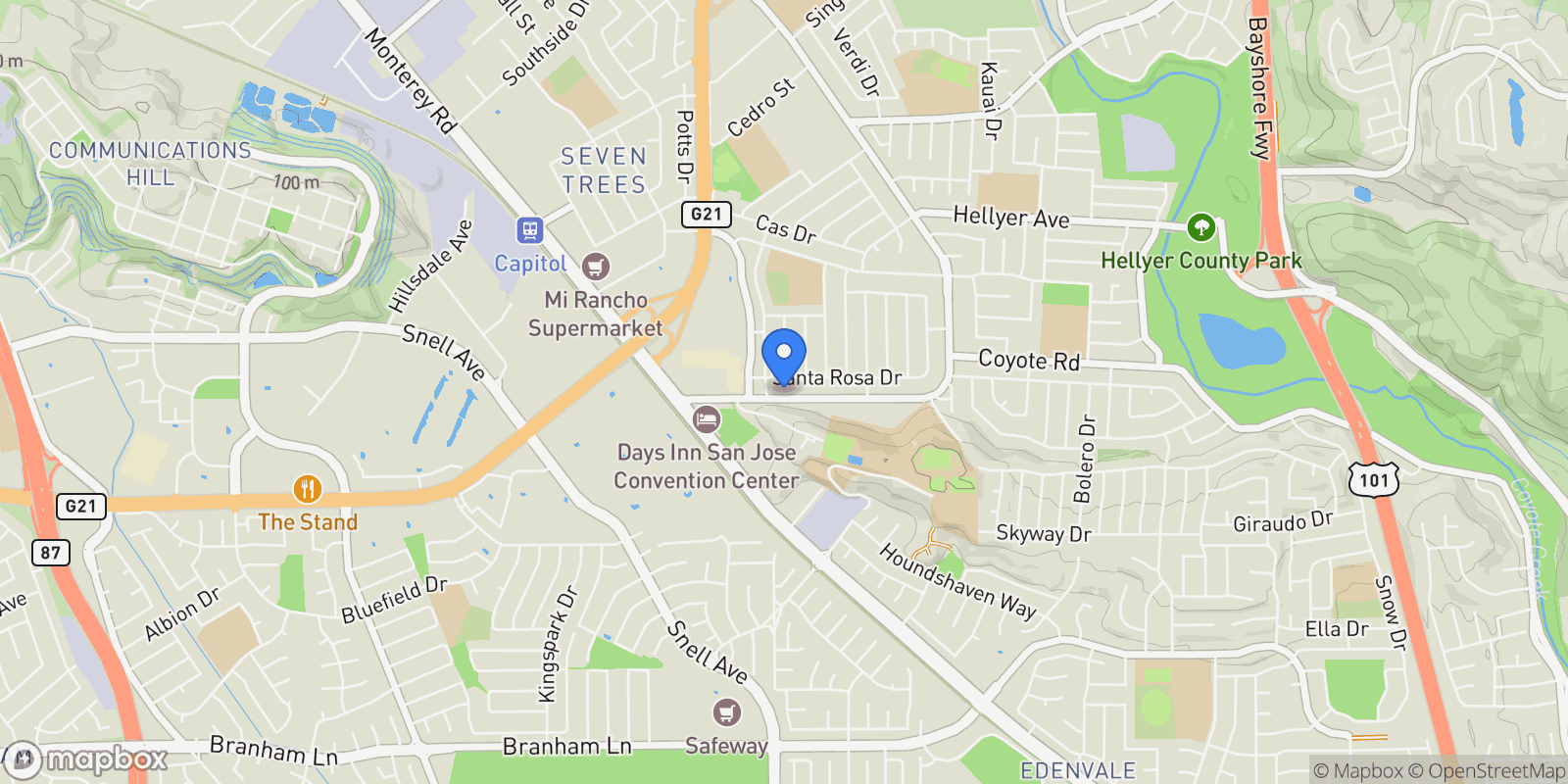 Map showing 149 Senter Road, San Jose, California, United States.