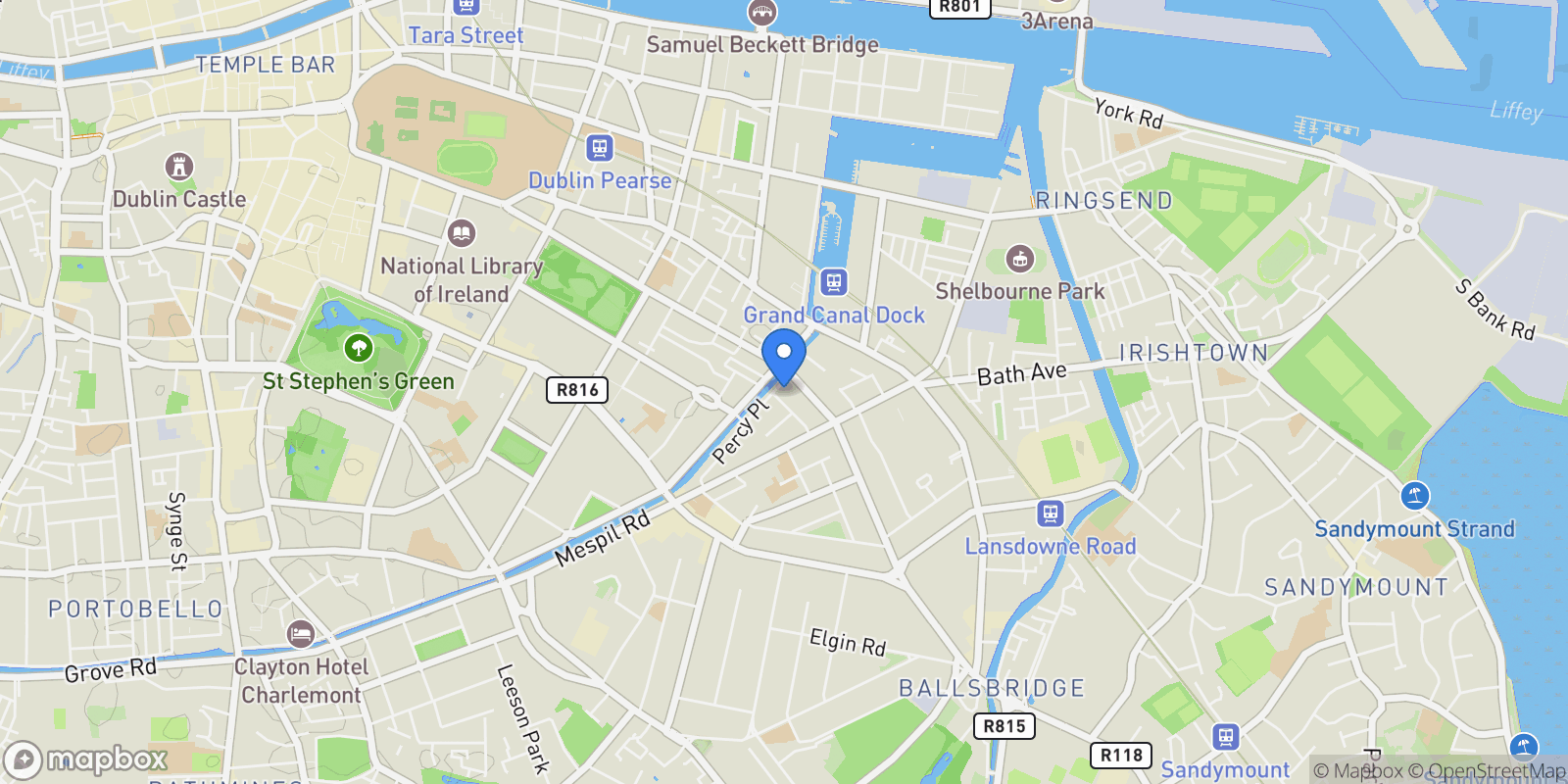 Map showing 11 Percy Place, Ballsbridge, Dublin 4, D D04 TK68, Dublin 4, County Dublin, Ireland.