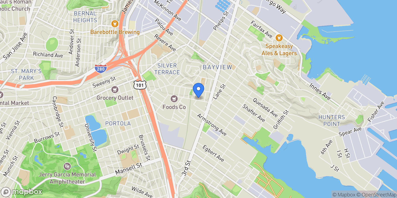 Map showing 66 Williams Avenue, San Francisco, CA 94124, San Francisco, California, United States.