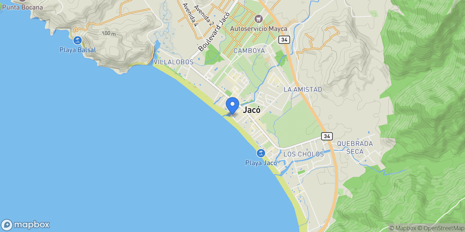 Map showing J979+VJW, Calle Las Olas, Provincia de Puntarenas, Jacó, Costa Rica, Jaco, Puntarenas Province, Costa Rica.