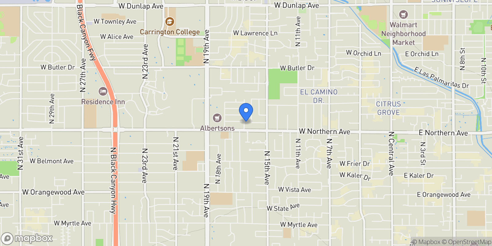 Map showing 8021 N 16TH Drive, Phoenix, Arizona, United States.