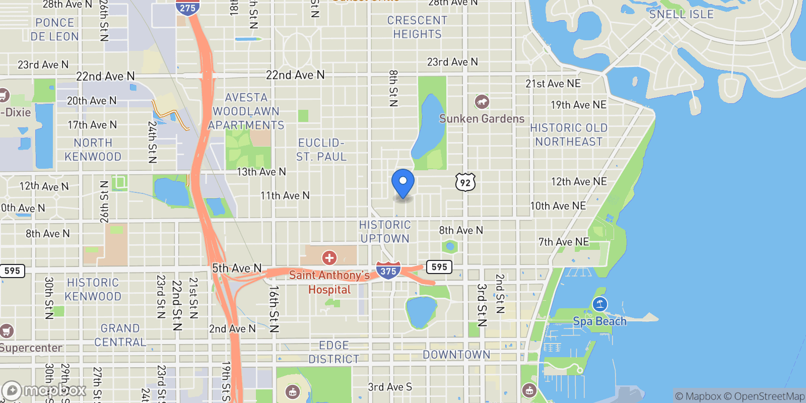 Map showing 1030 Crescent Lake Dr, St Petersburg, FL 33701, St. Petersburg, Florida, United States.