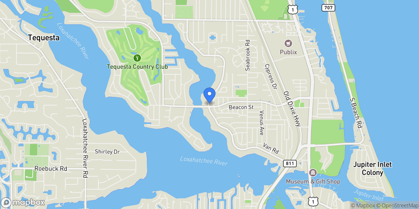 Map showing 391 W Riverside Drive, Tequesta, Florida, United States.