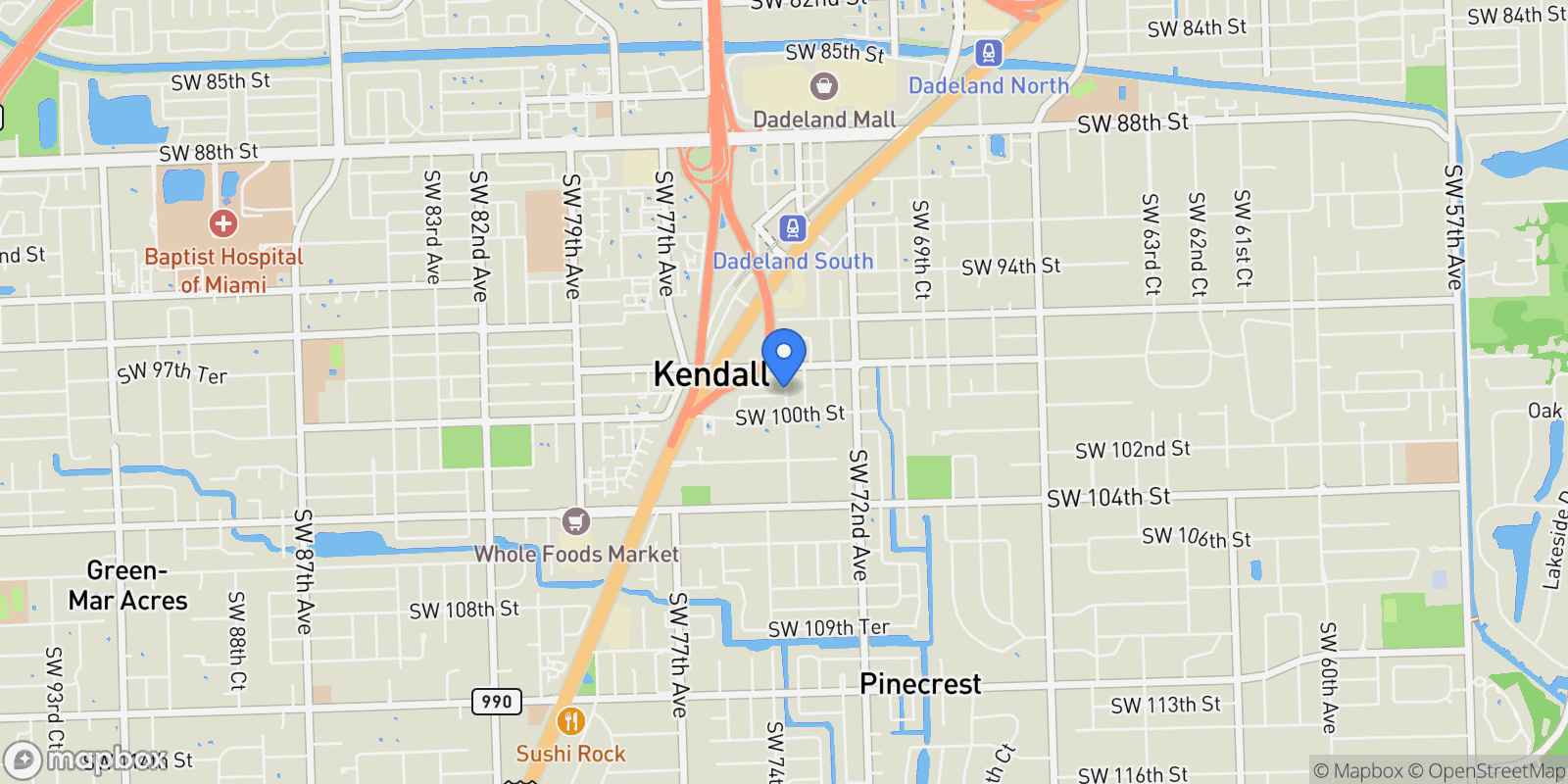 Map showing 9840 SW 73rd Ct, Pinecrest, FL 33156, Coral Gables, Florida, United States.