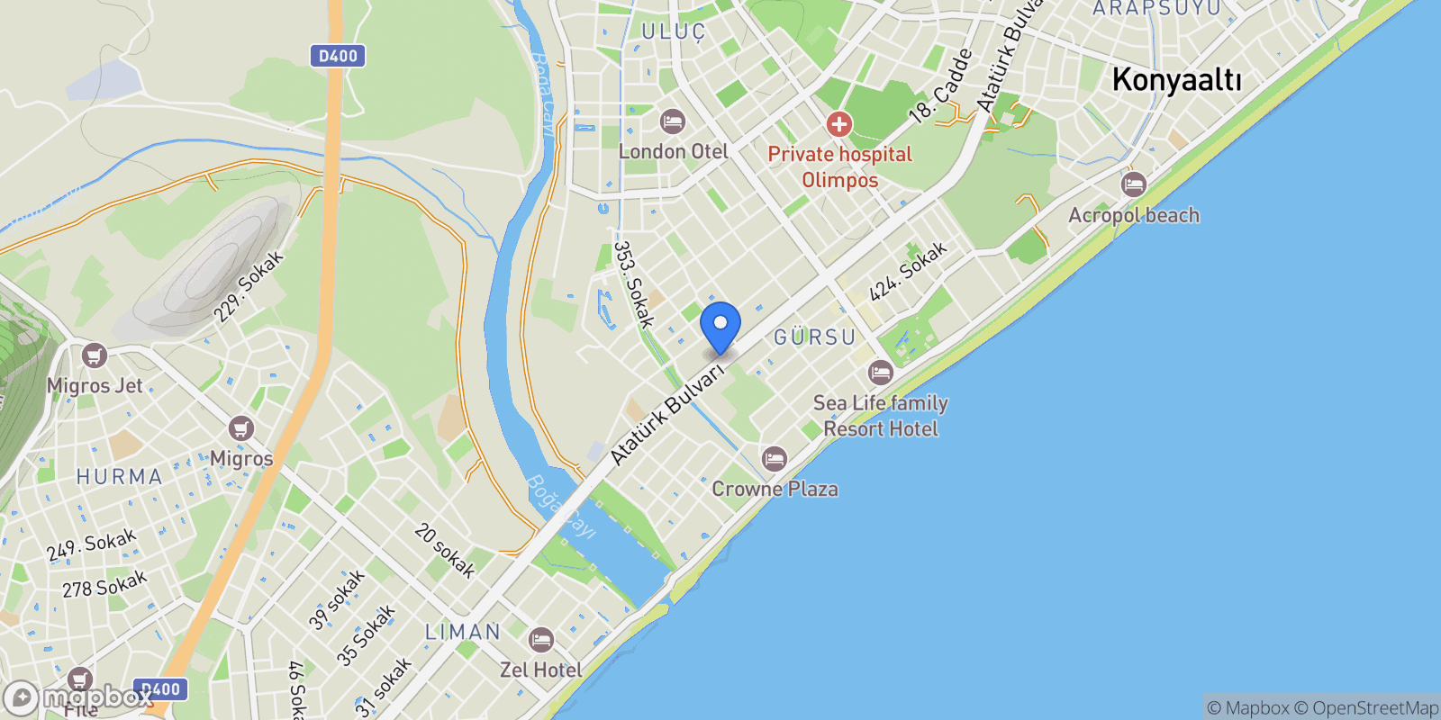 Map showing Gürsu, Konyaaltı/Antalya, Türkiye, Antalya, Turkey.