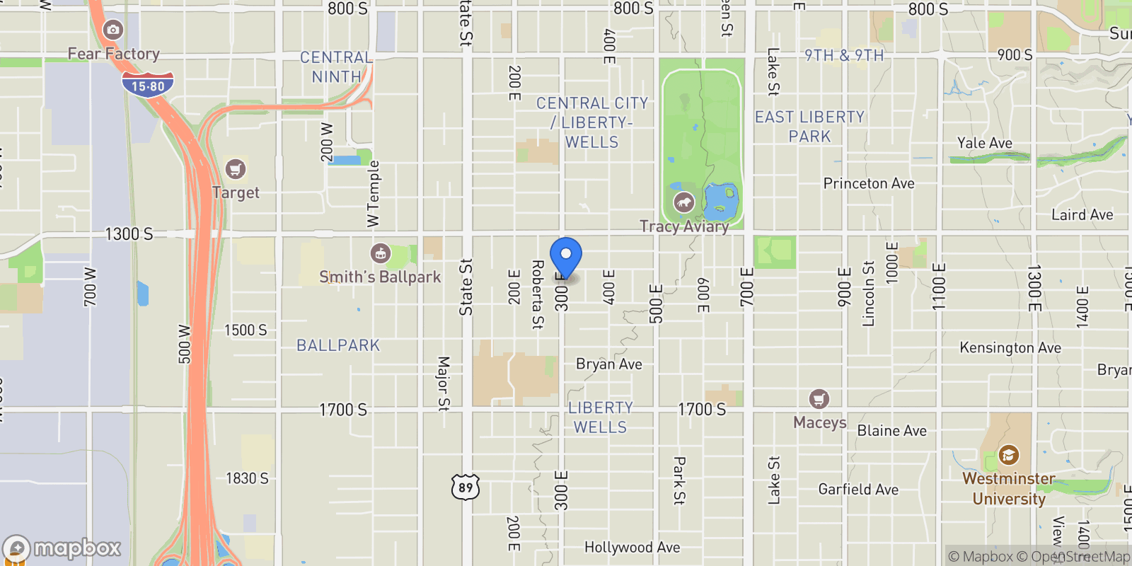 Map showing 1401 S 300 E, Salt Lake City, Utah, United States.