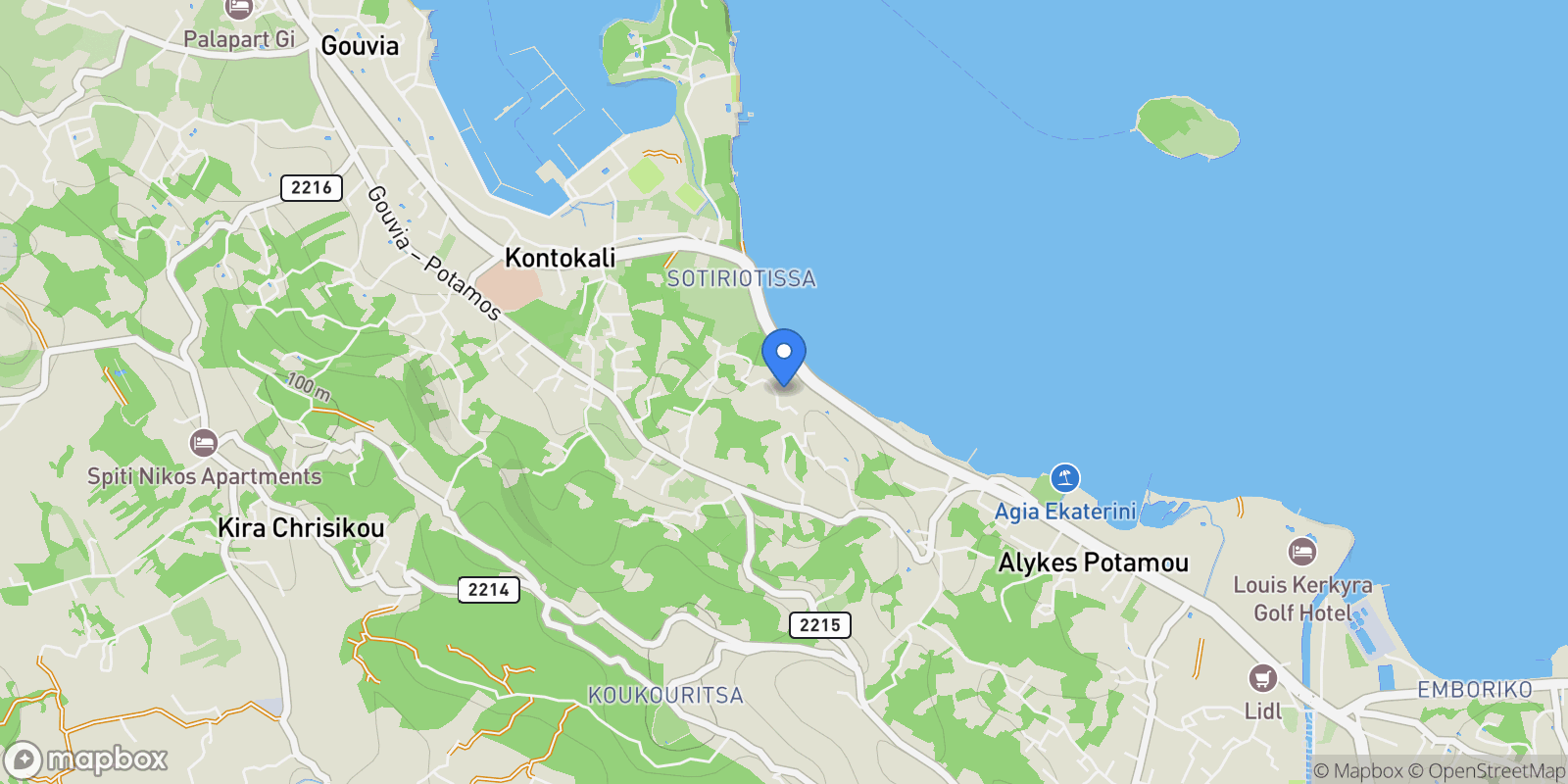 Map showing AGIA EKATERINI, Corfu, Peloponnese, Western Greece and the Ionian, Greece.