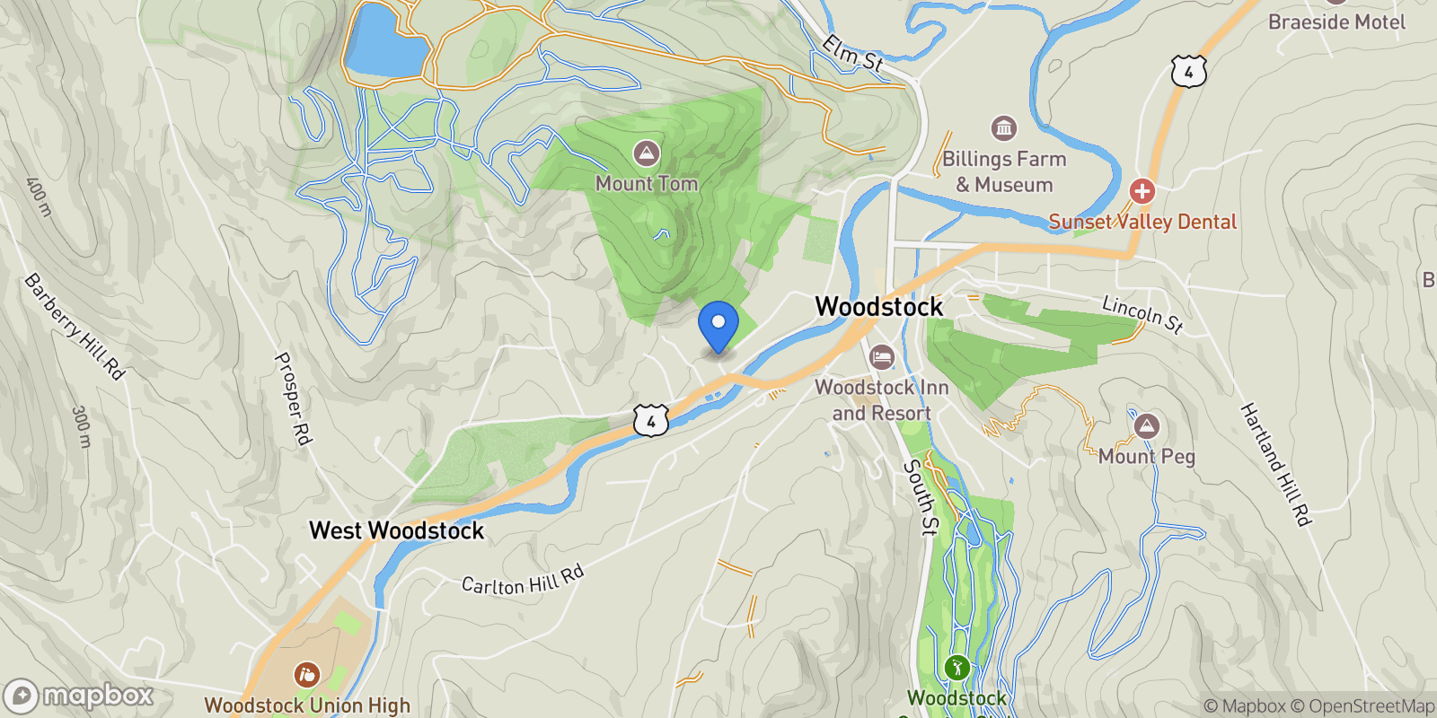 Map showing 35 Mountain Avenue, Woodstock, VT 05091, Woodstock, Vermont, United States.