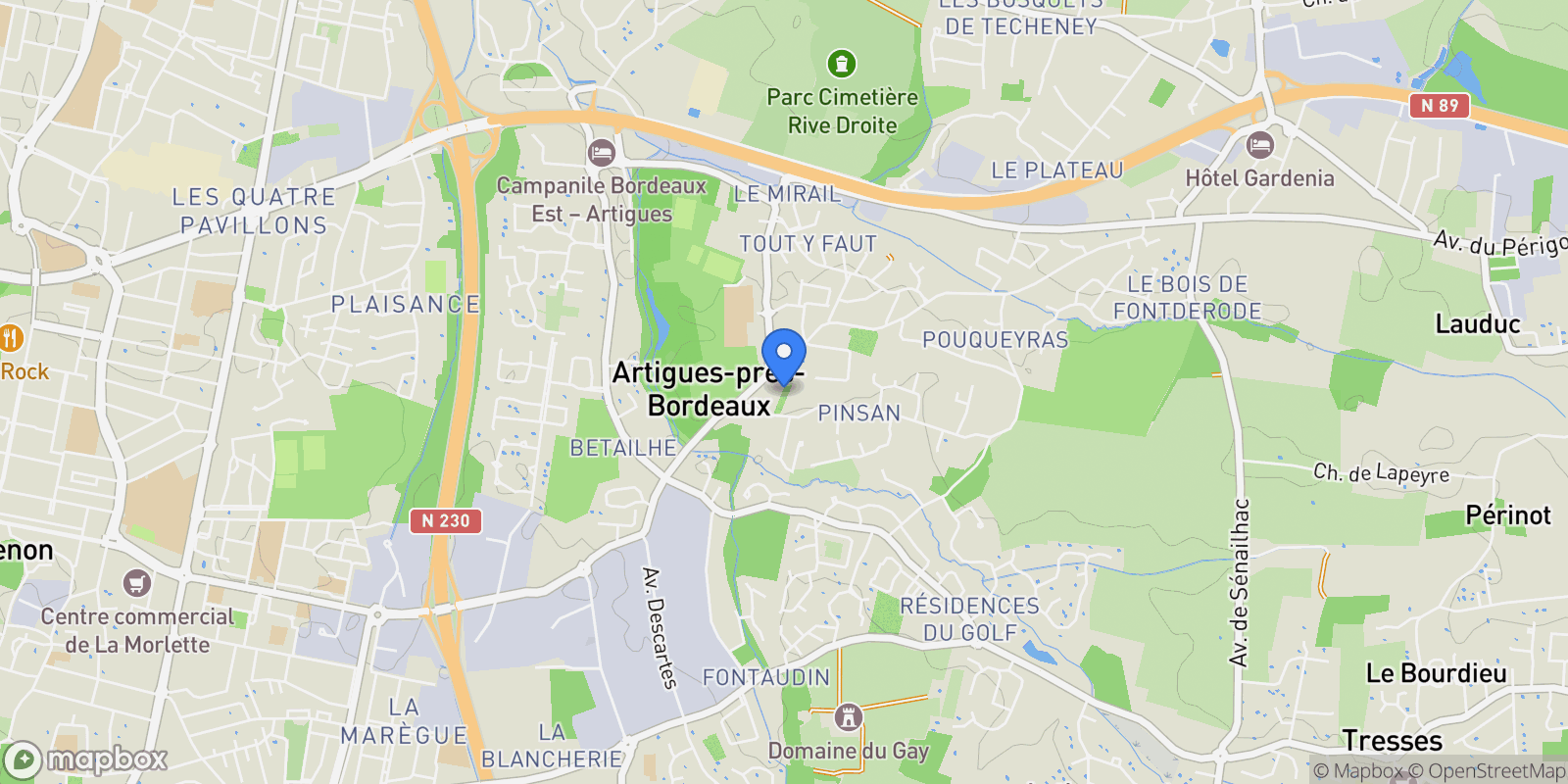 Map showing Artigues-près-Bordeaux, Nouvelle-Aquitaine, France.