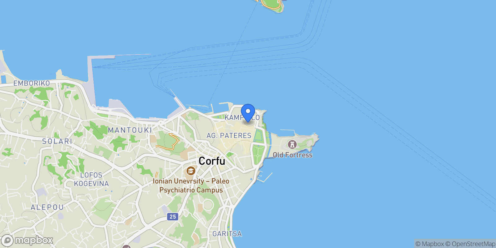 Map showing OLD TOWN, Corfu, Peloponnese, Western Greece and the Ionian, Greece.
