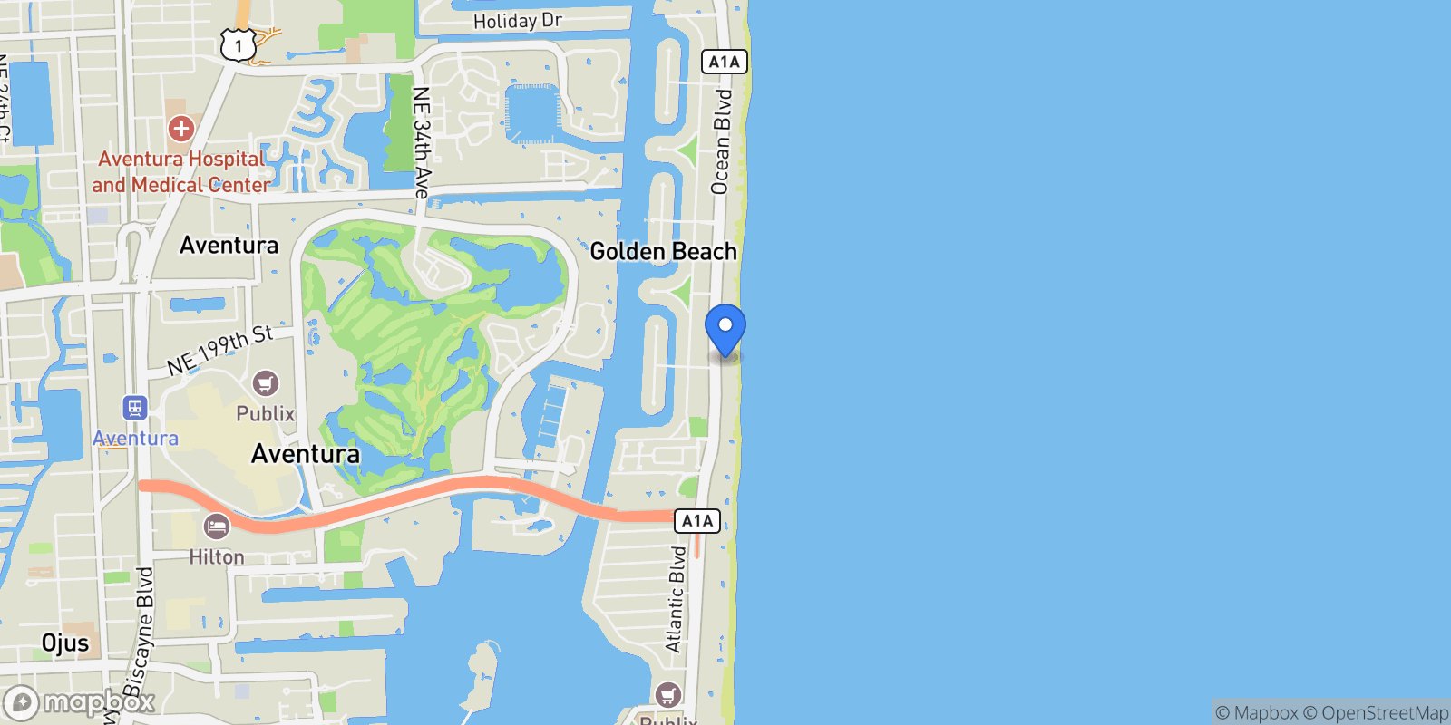 Map showing 205 Ocean Blvd, Golden Beach, Florida, United States.