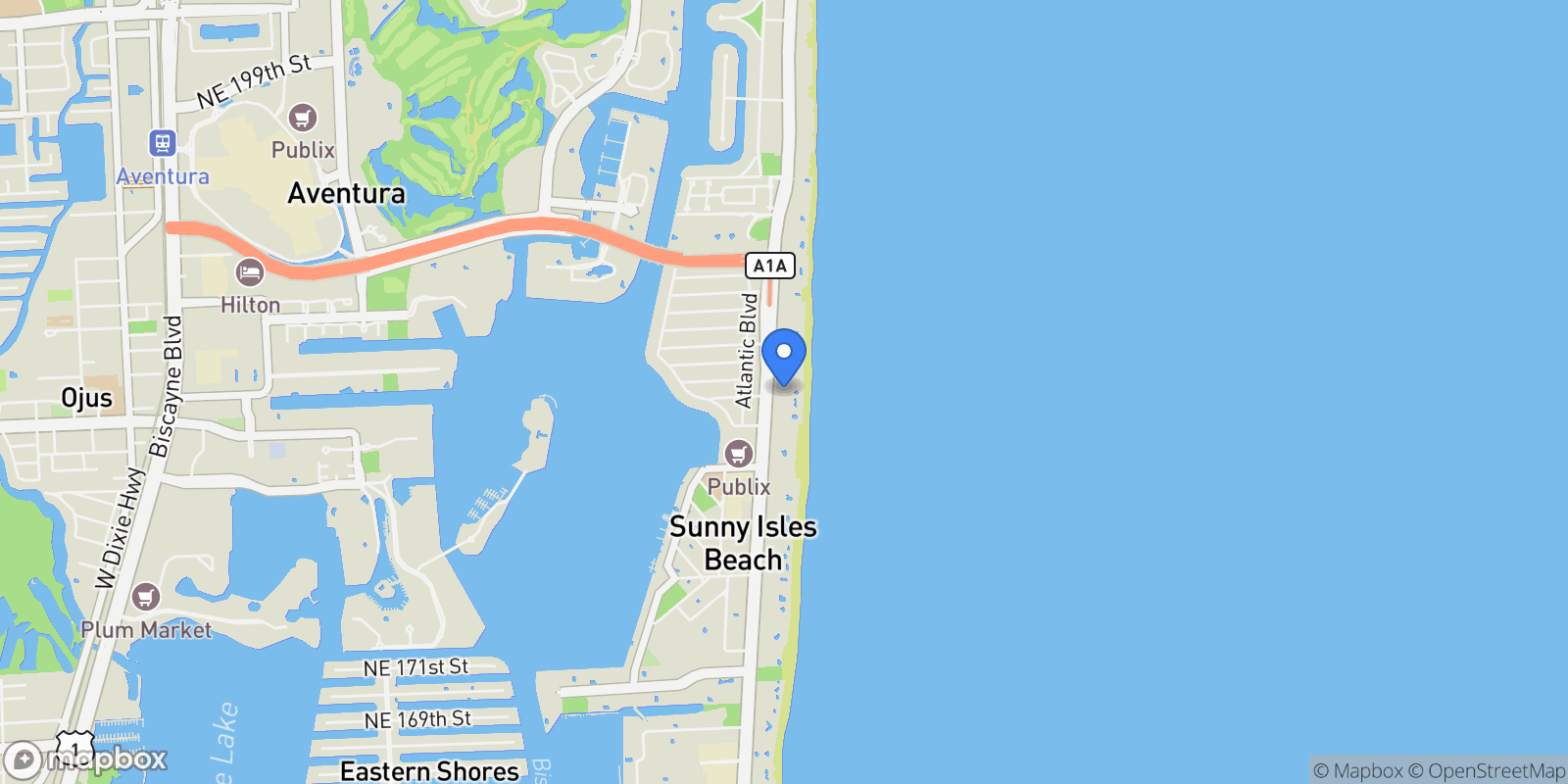 Map showing 18671 Collins Ave 1203, Golden Beach, Florida, United States.