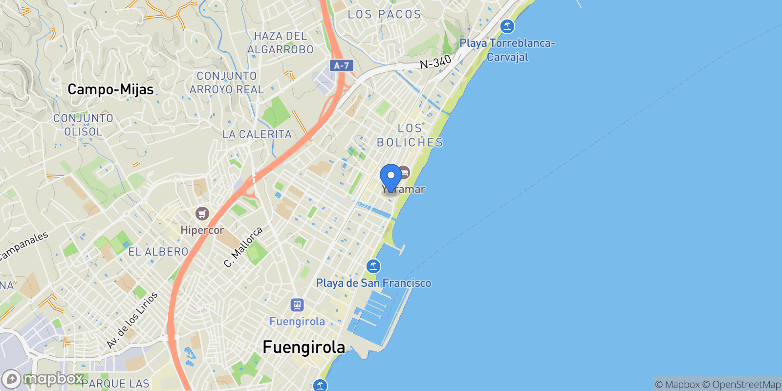 Map showing Los Boliches, Fuengirola, Málaga, Fuengirola, Fuengirola, Andalusia, Spain.