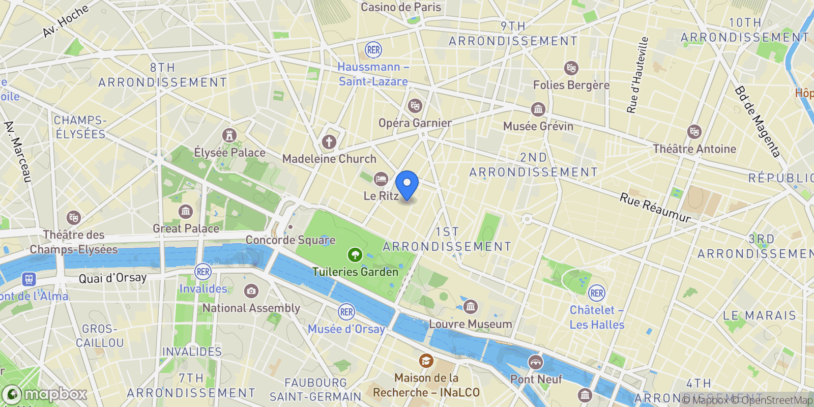 Map showing 19 Place du Marché Saint-Honoré, Paris, Île-de-France, France.