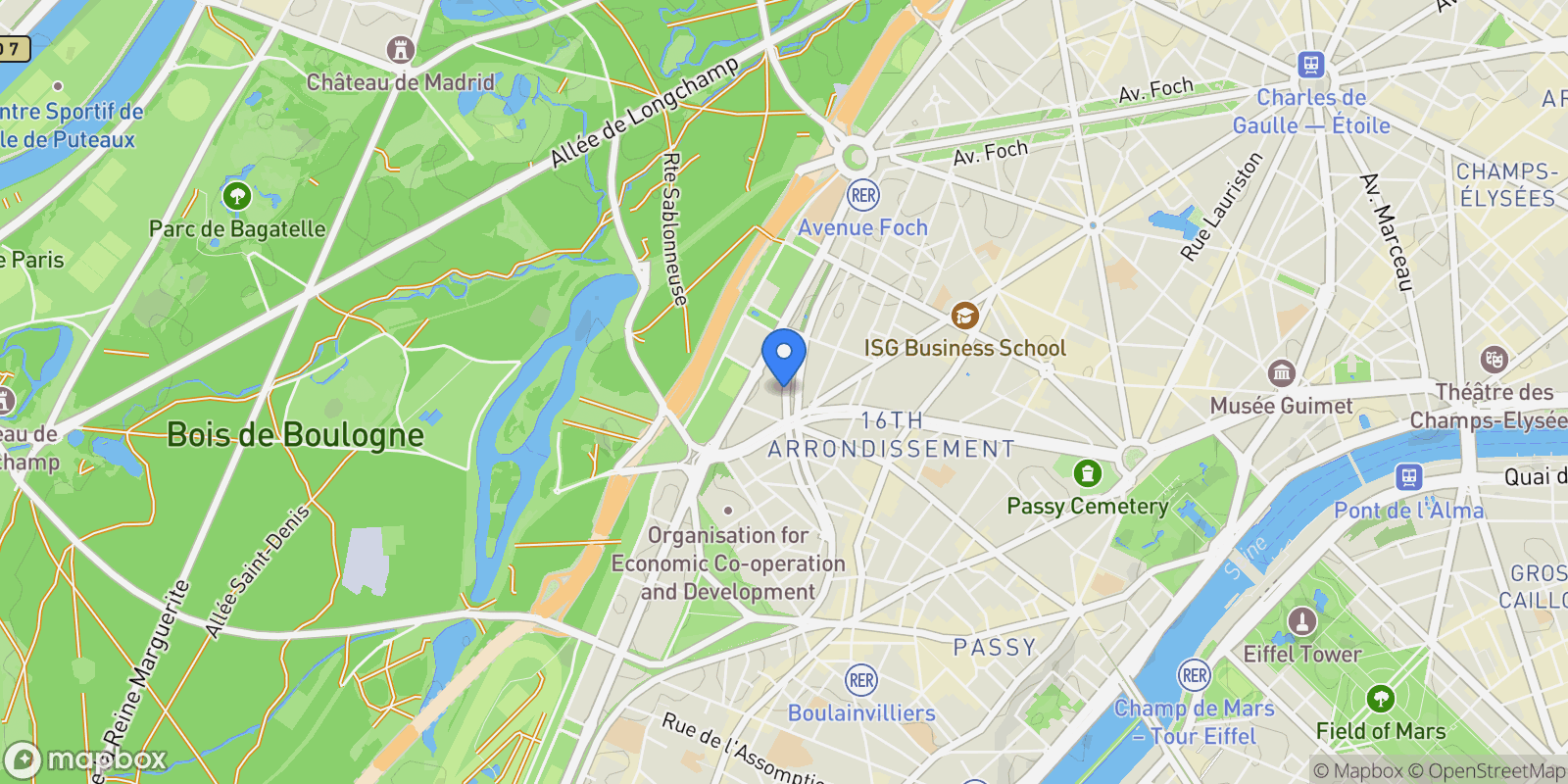 Map showing 7 Boulevard Flandrin, Paris, Île-de-France, France.
