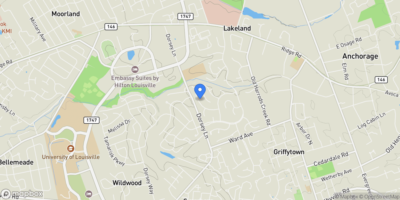 Map showing 1027 Garden Creek Cir, Louisville, KY 40223, Watterson Park, Kentucky, United States.