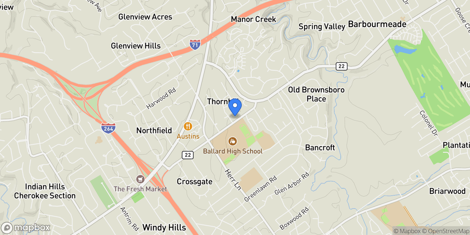 Map showing 6803 Brownsboro Rd, Louisville, KY 40222, Glenview, Kentucky, United States.