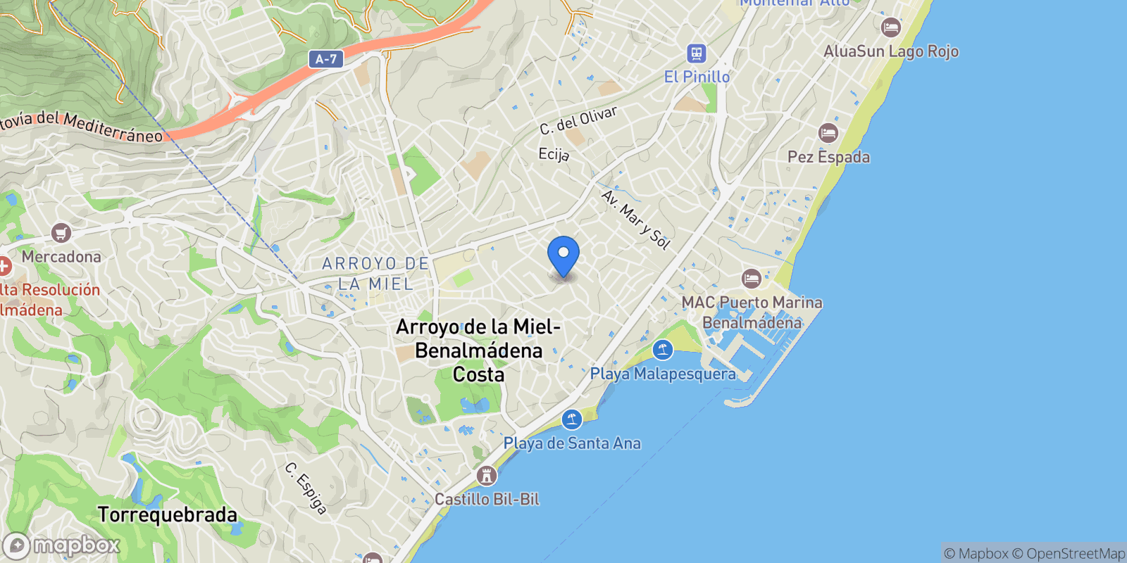Map showing Montealto, Benalmádena, Málaga, Benalmádena, Benalmadena, Andalusia, Spain.