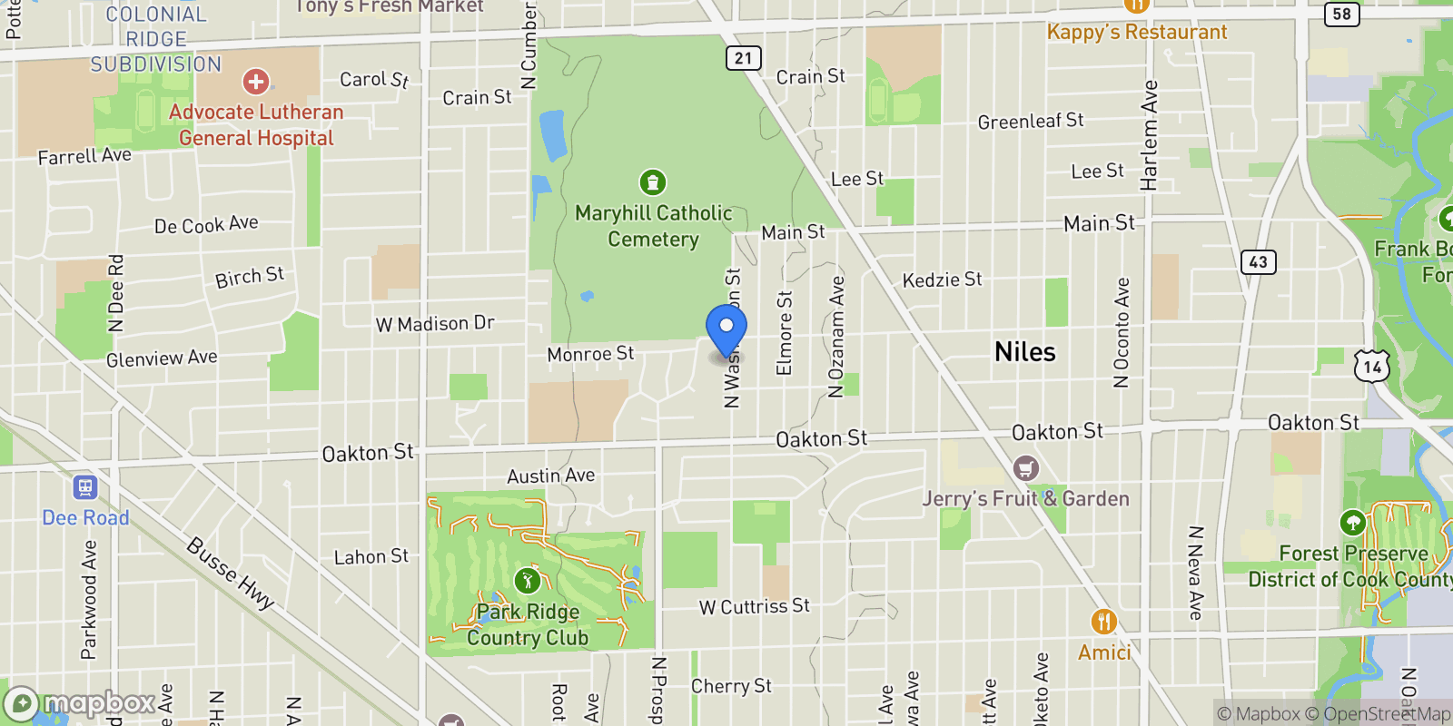Map showing 8120 N Washington Street , Niles, IL 60714, Niles, Illinois, United States.