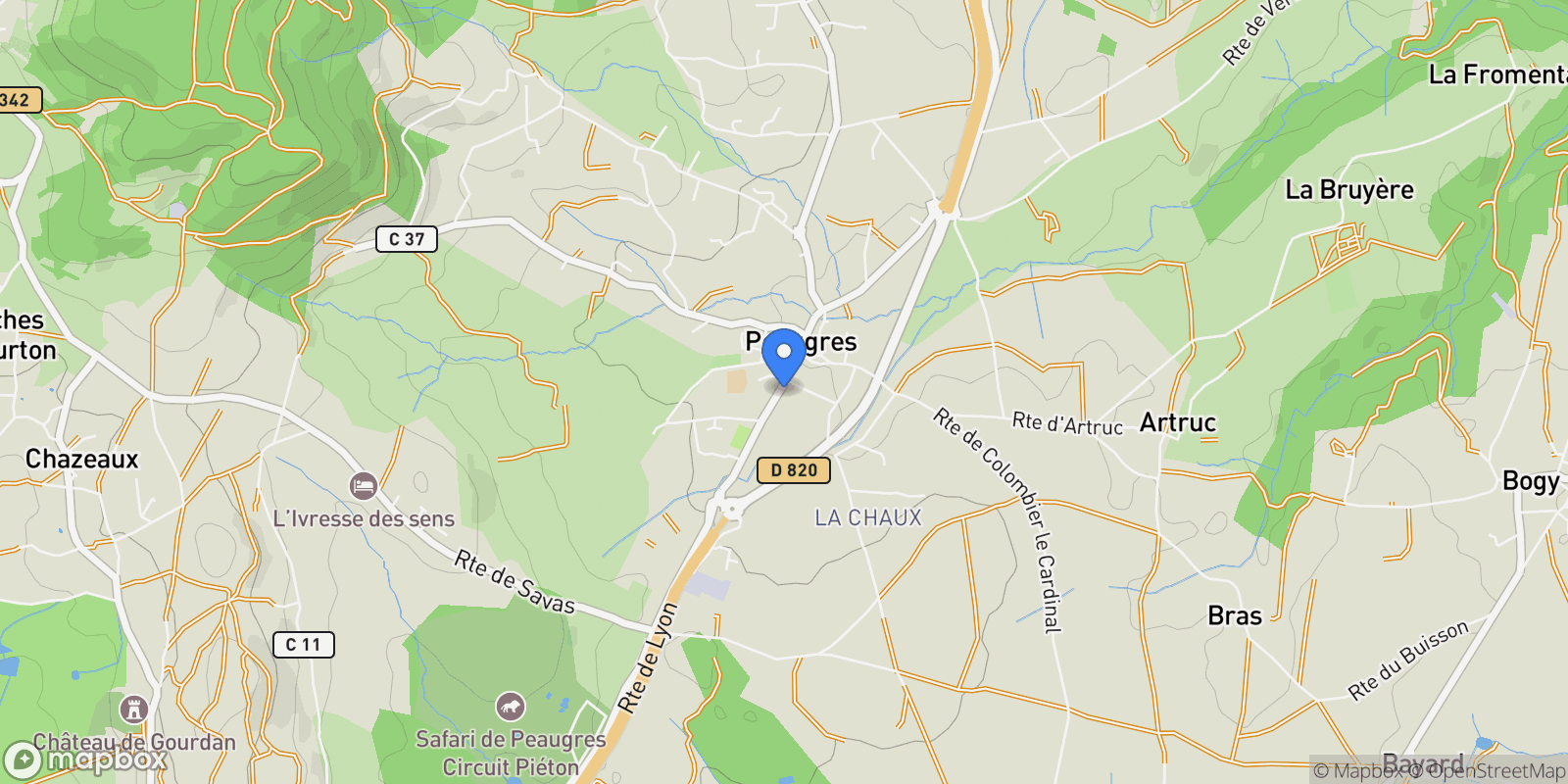 Map showing Peaugres, Auvergne-Rhône-Alpes, France.