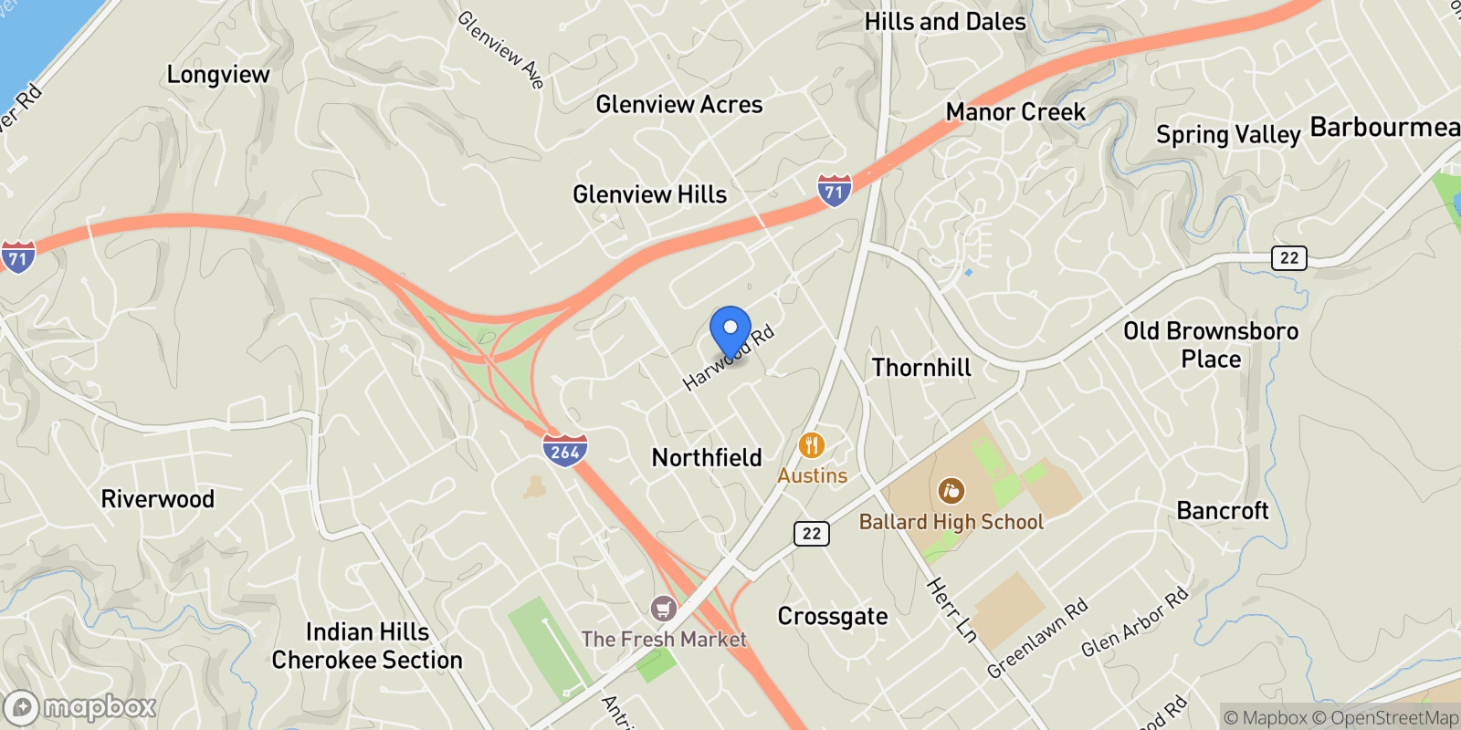 Map showing 52 Harwood Rd, Louisville, KY 40222, Glenview, Kentucky, United States.