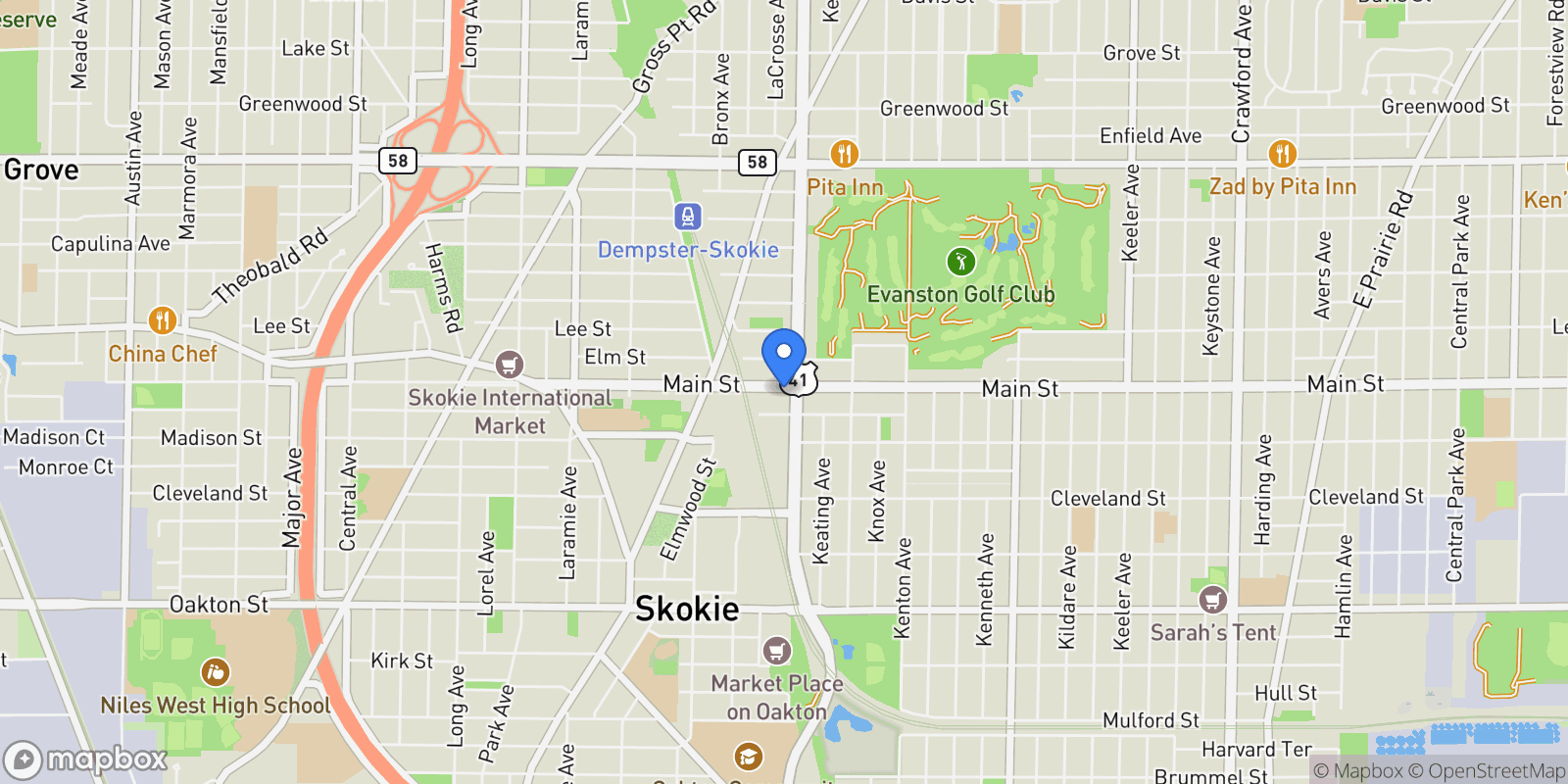 Map showing 4811 Main Street , Skokie, IL 60077, Skokie, Illinois, United States.