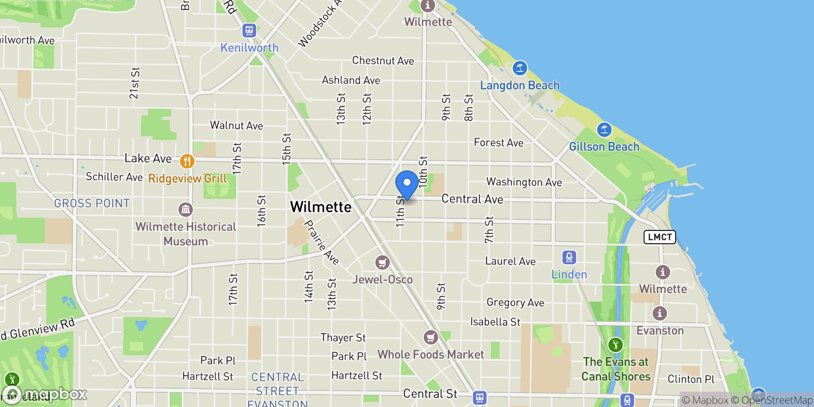 Map showing 1025 Central Avenue , Wilmette, IL 60091, Wilmette, Illinois, United States.