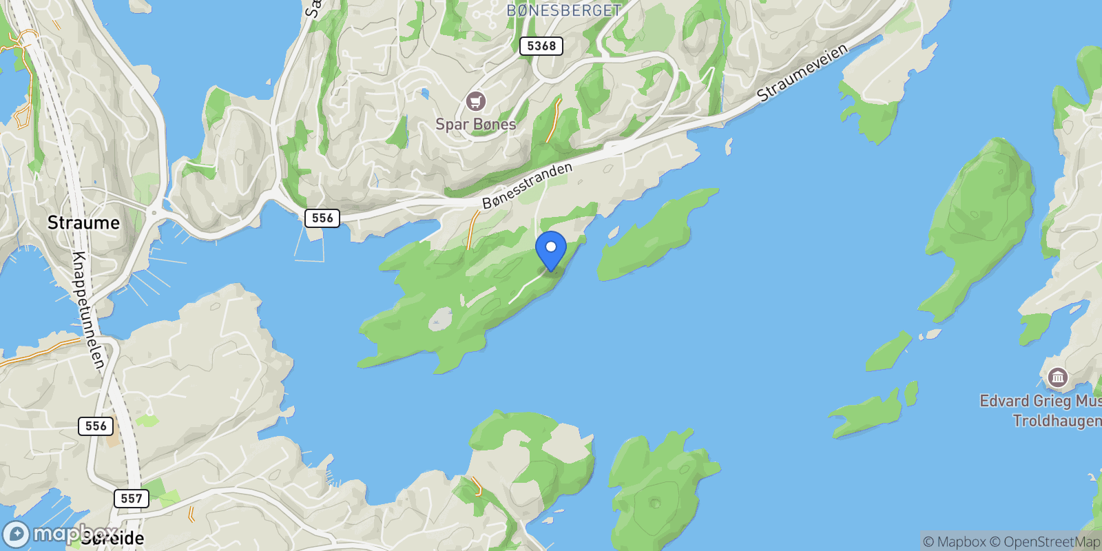 Map showing Kyrkjetangen 16, 5155 Bønes, Norway, Bønesskogen, Vestland, Norway.