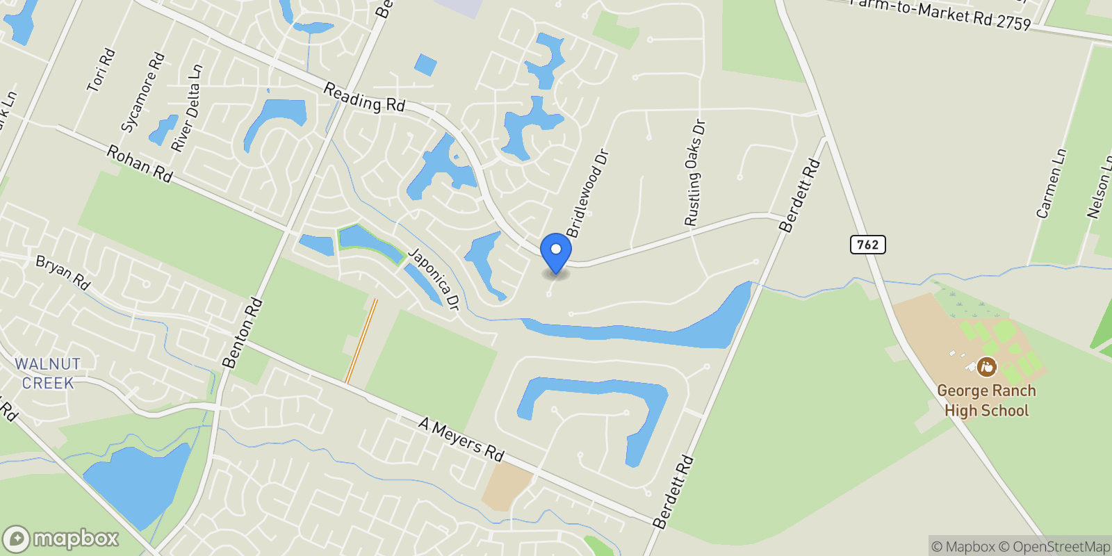 Map showing 7502 Misty Meadow Court, Richmond, TX 77469, Rosenberg, Texas, United States.