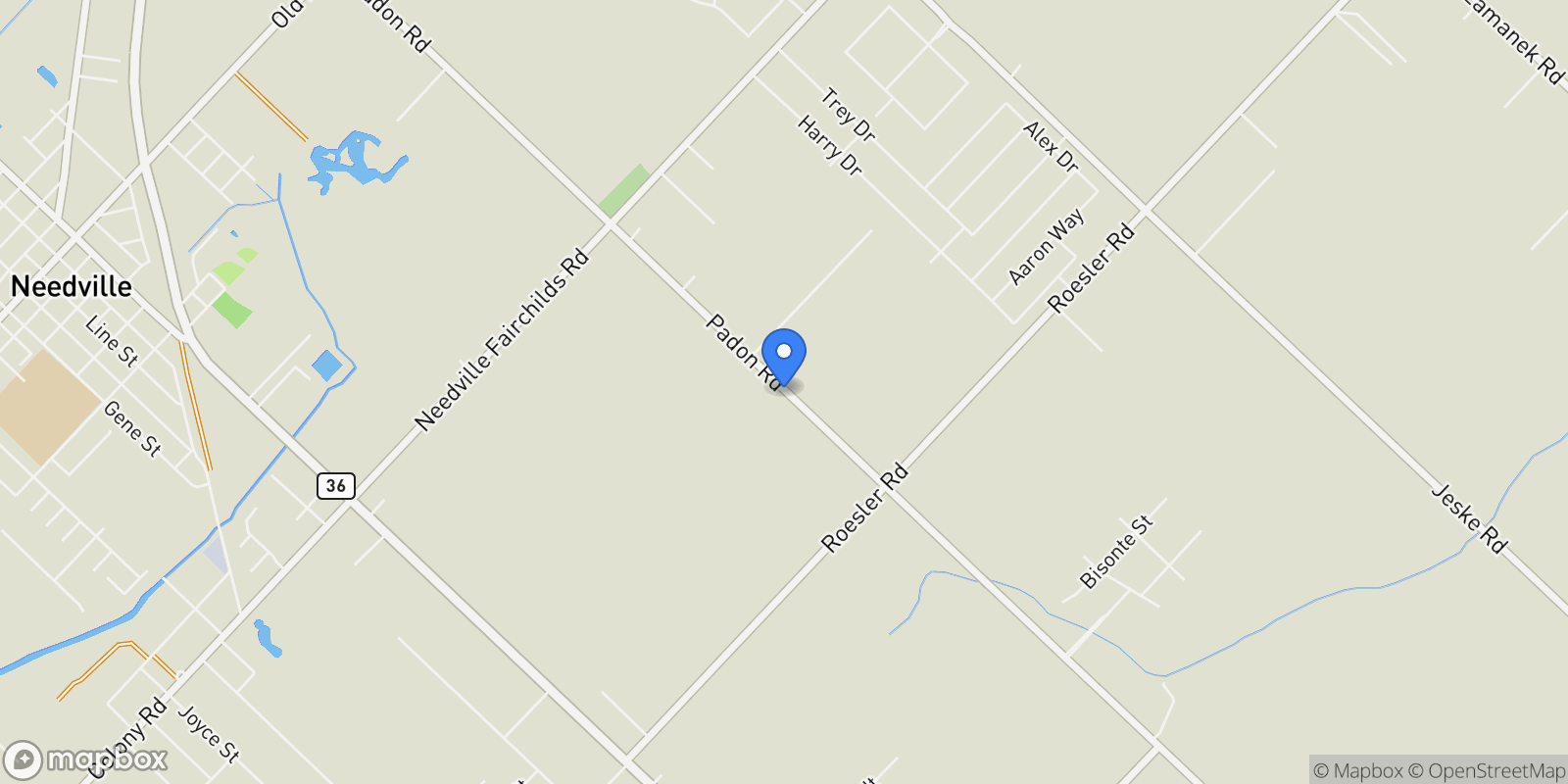 Map showing 10630 Padon Road, Needville, TX 77461, Needville, Texas, United States.