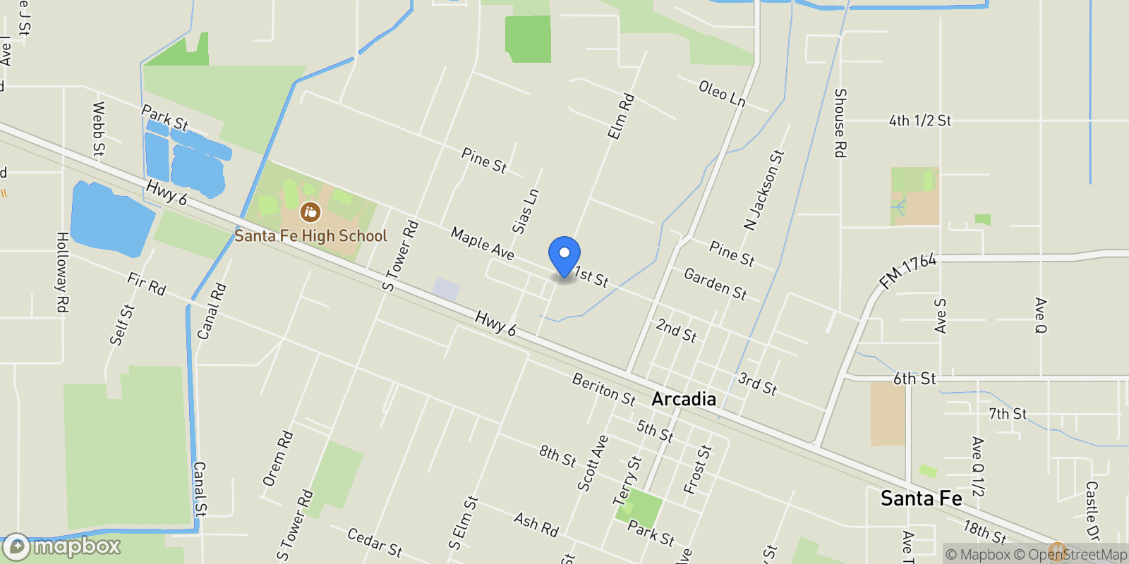 Map showing 3911 N Elm Road, Dickinson, Texas, United States.