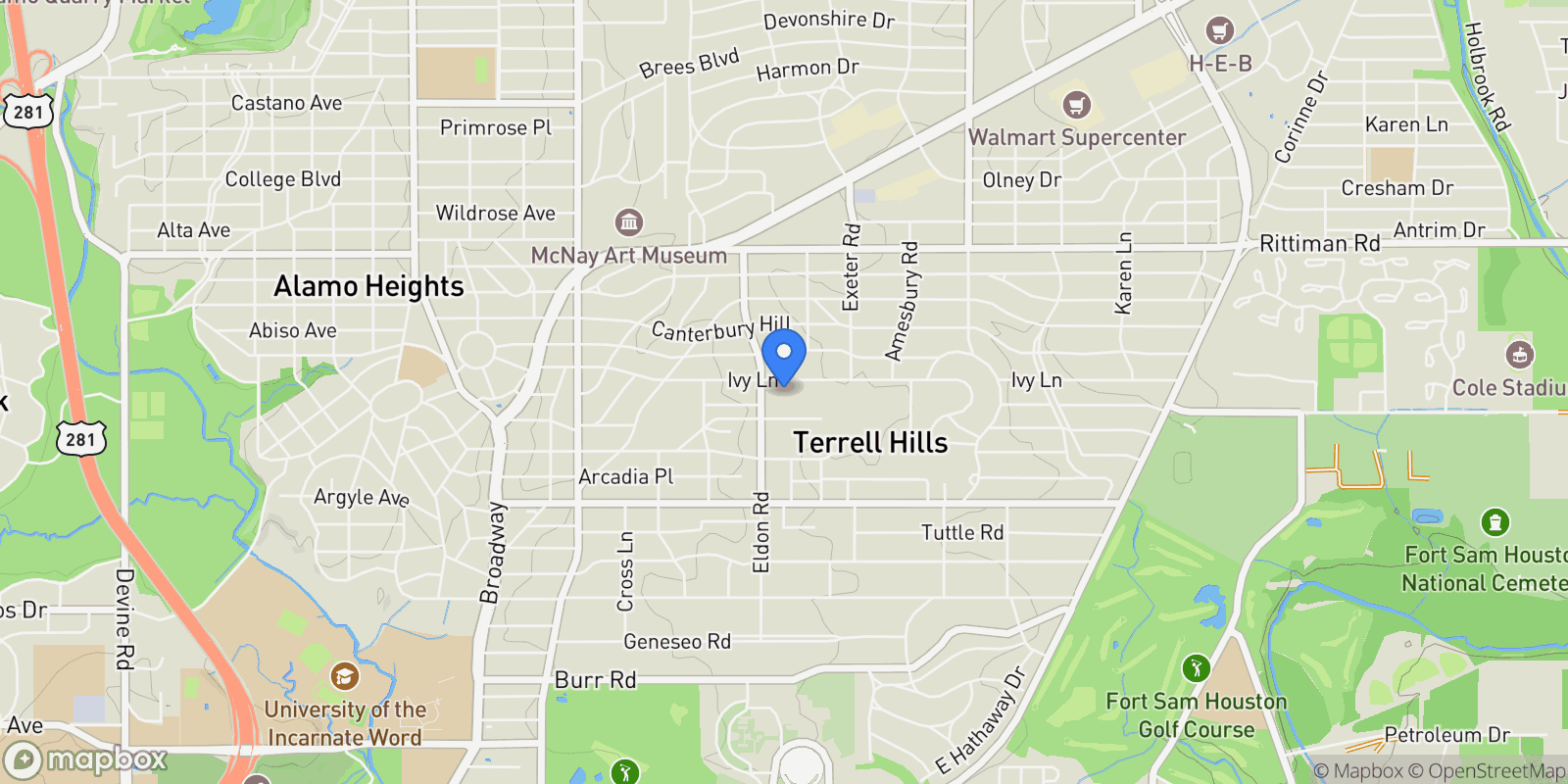 Map showing 424 Ivy Lane, Terrell Hills, TX, 78209, USA, San Antonio, Texas, United States.