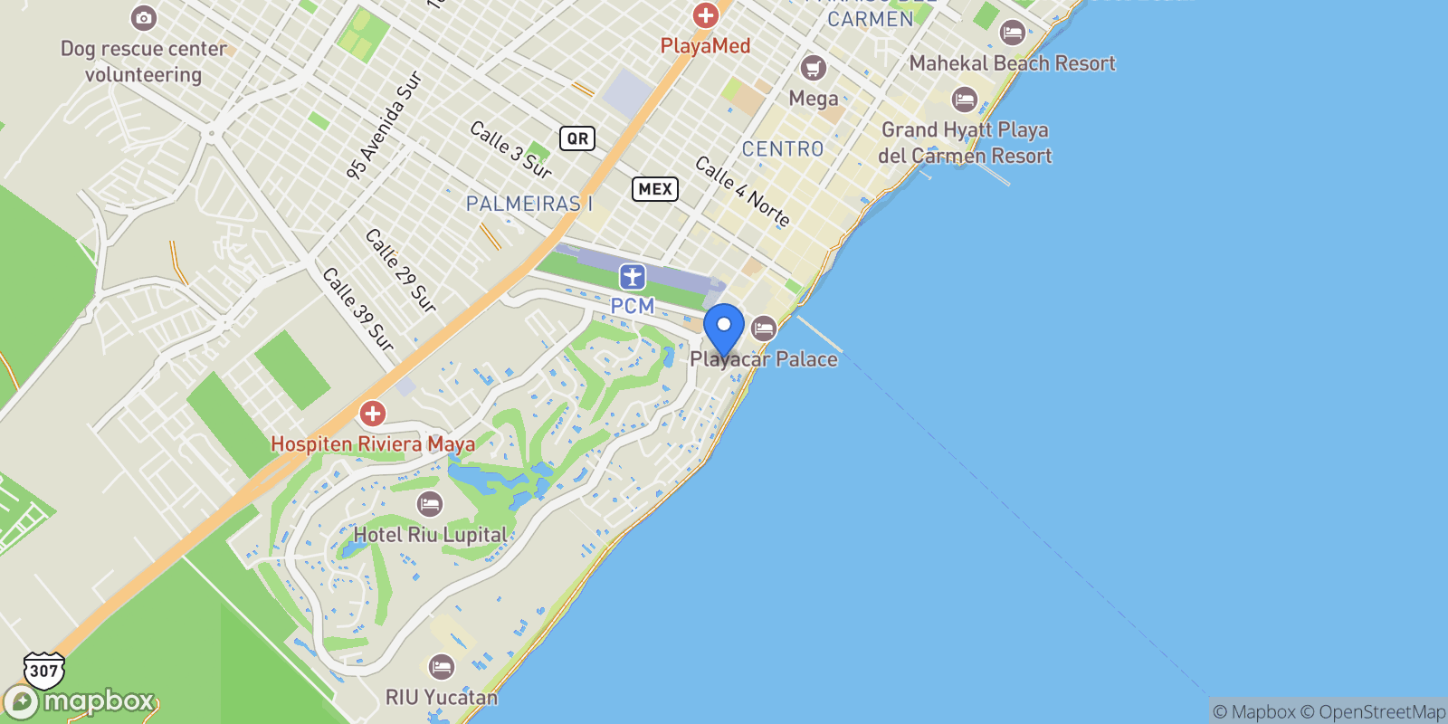 Map showing Fraccionamiento Playacar private Resort, Coral Negro, Playacar, 77717 Playa del Carmen, Q.R., Mexico, Playa del Carmen, Quintana Roo, Mexico.