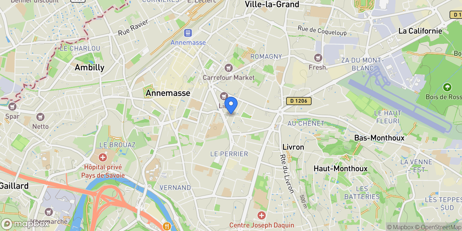 Map showing Annemasse, Auvergne-Rhône-Alpes, France.