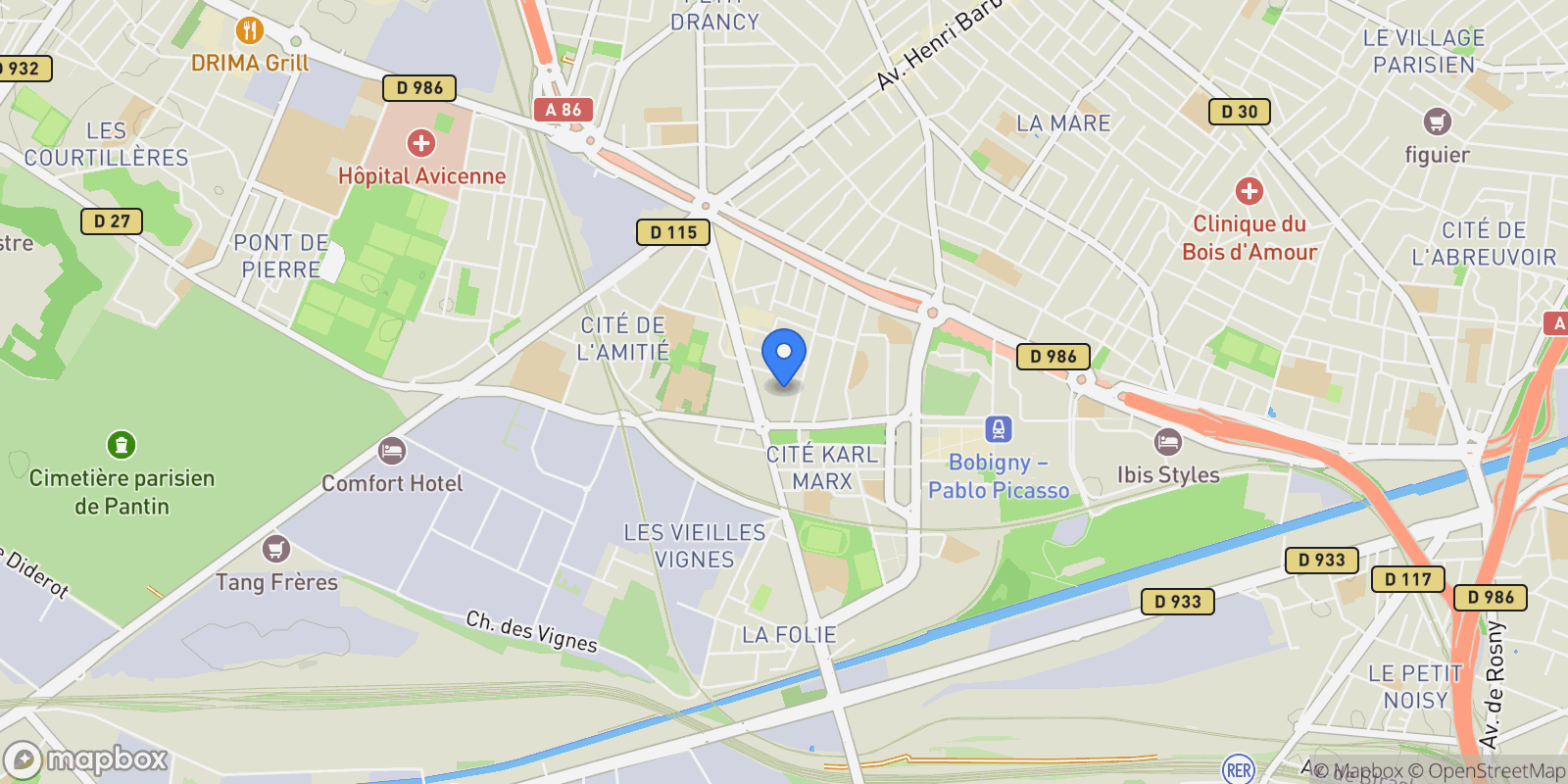 Map showing Bobigny, Île-de-France, France.