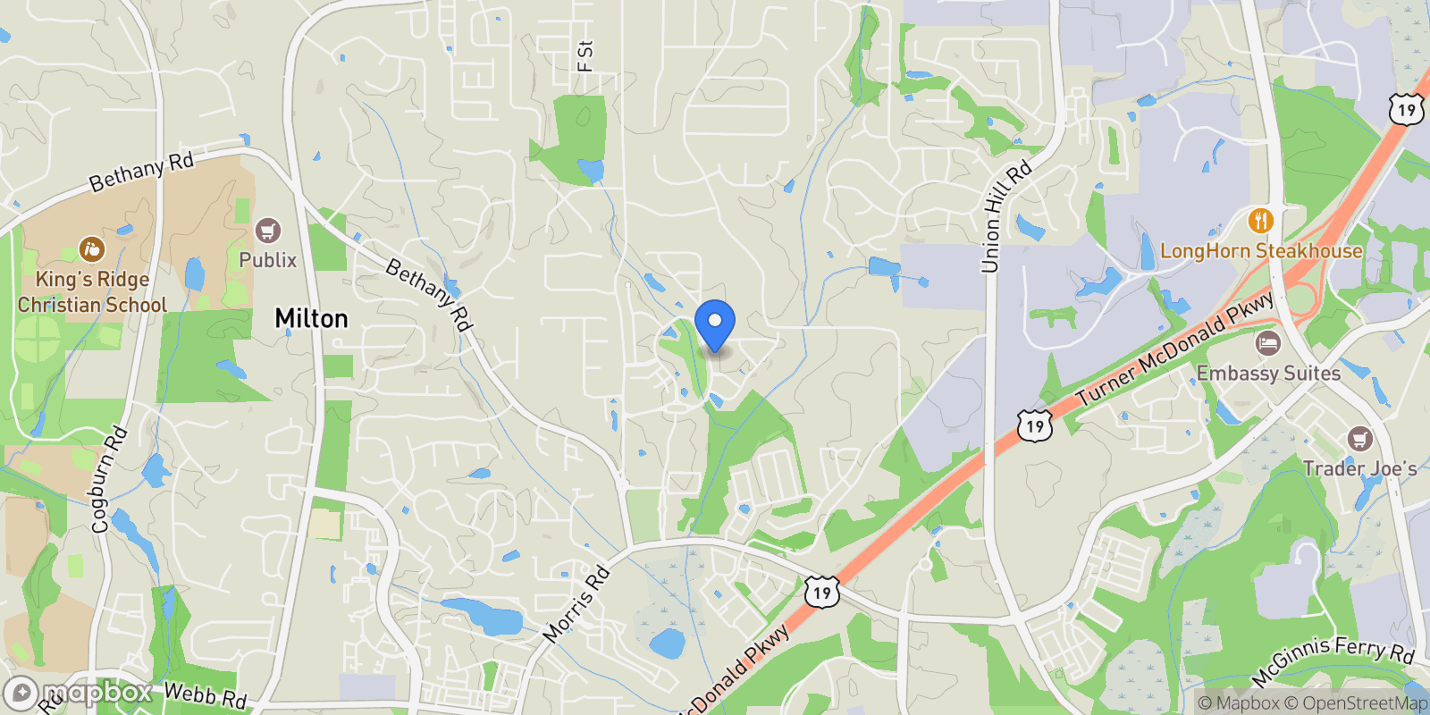 Map showing 550 Central Park Overlook, Alpharetta, GA 30004, Milton, Georgia, United States.