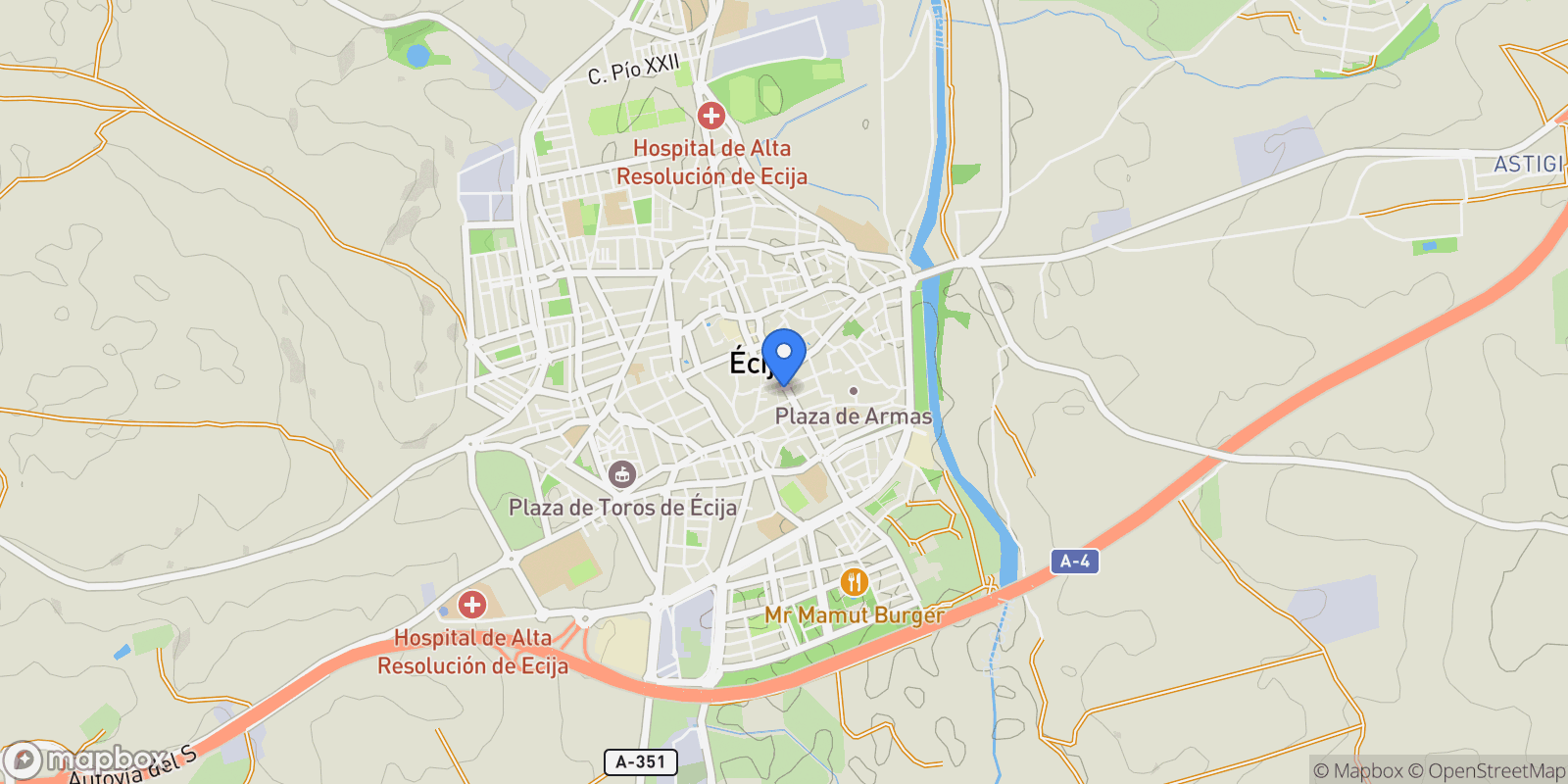 Map showing Écija, Sevilla, Écija, Ecija, Andalusia, Spain.