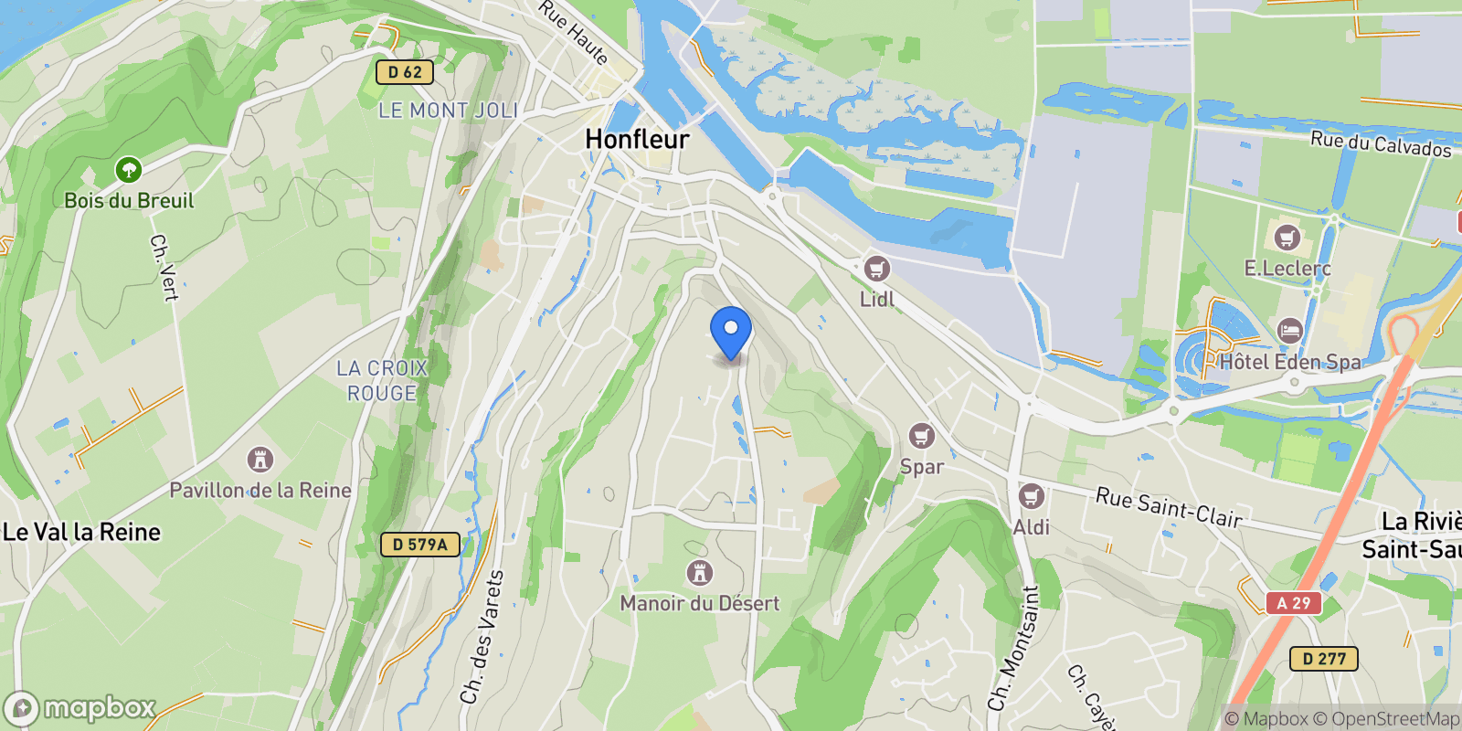 Map showing Honfleur, Normandy, France.