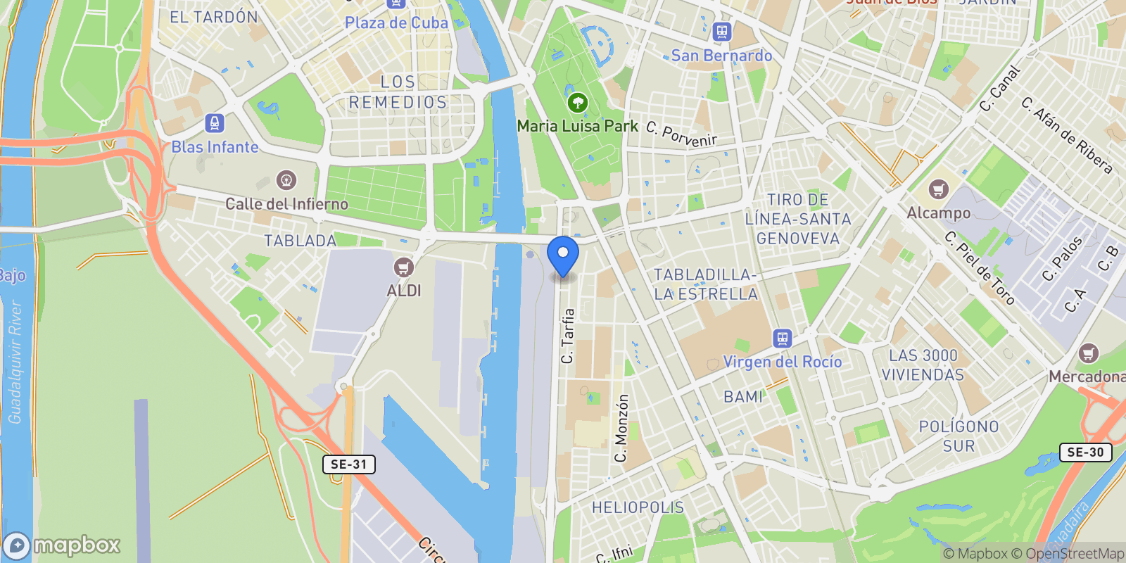 Map showing Sevilla, Sevilla, Sevilla, Distrito Bellavista-La Palmera, Seville, Spain.