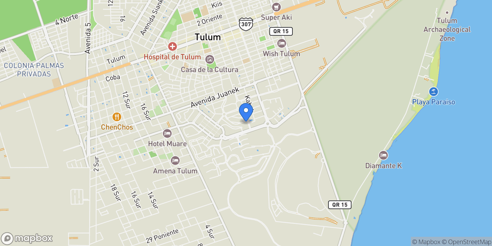 Map showing Aldea Zama 77760, 77760 Tulum, Q.R., Mexico, Tulum, Quintana Roo, Mexico.