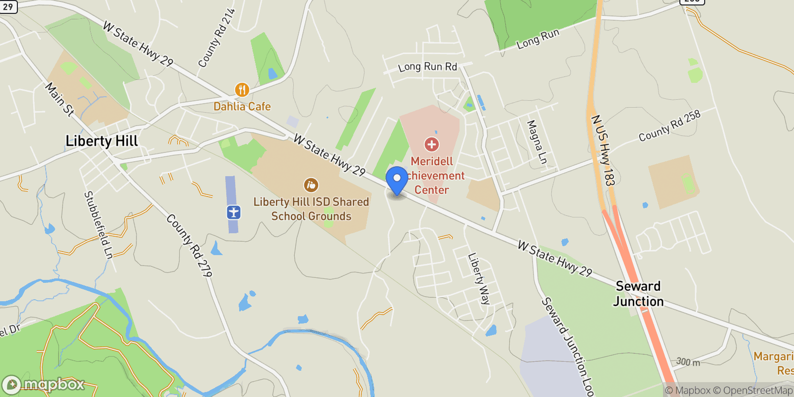 Map showing 12757 State Hwy 29, Hext, TX 76848, Liberty Hill, Texas, United States.