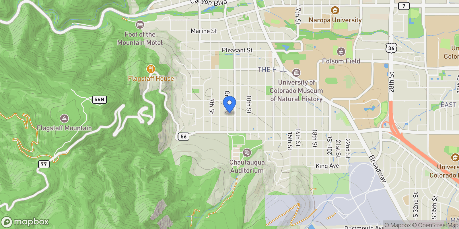 Map showing 800 Grant Pl, CO, Boulder, Colorado, United States.