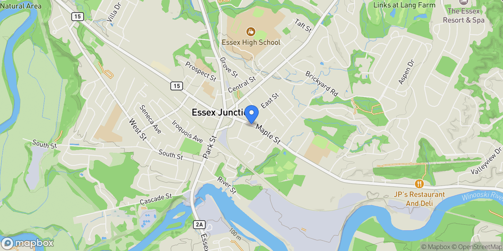 Map showing 29 Maple Street, Essex Junction, VT 05452, Essex, Vermont, United States.
